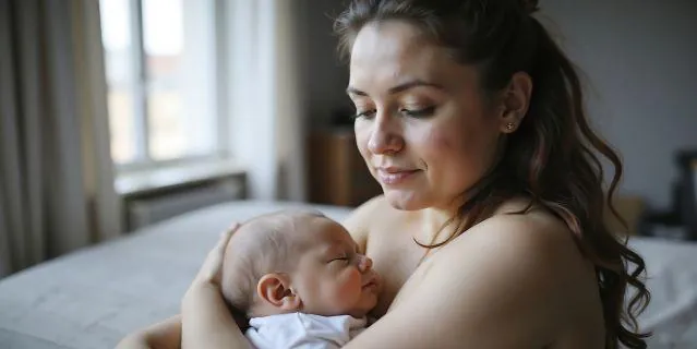 New mother holding her sleeping newborn close in a quiet bedroom